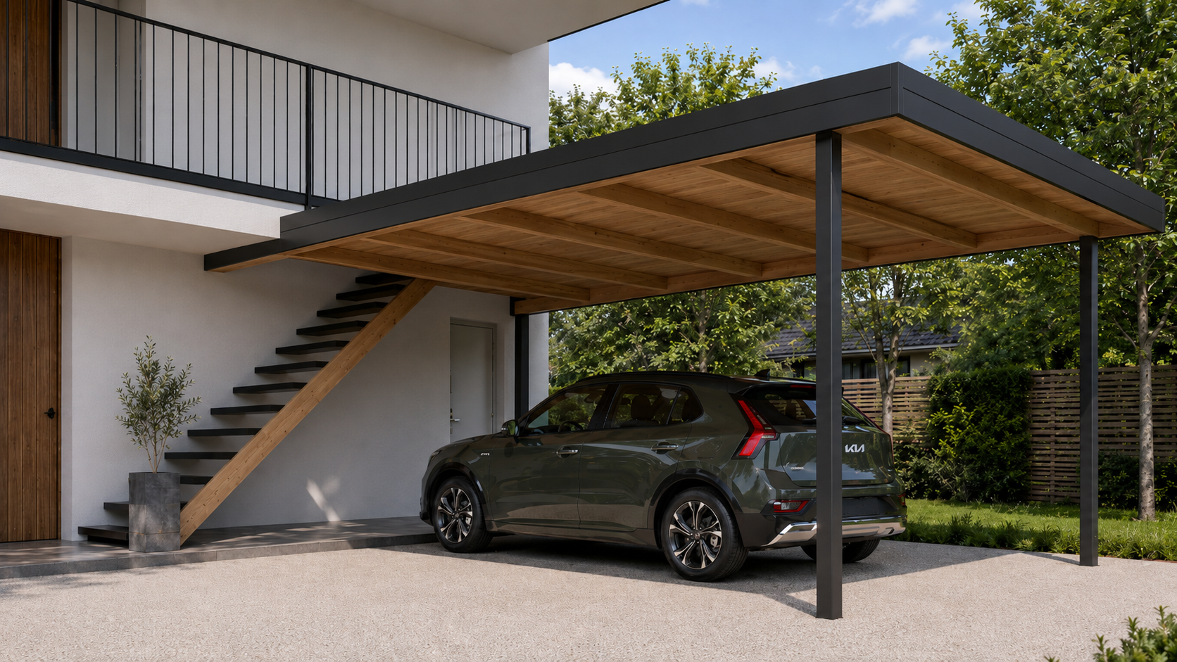 Carport · Stahl-Holz mit Außenstiege